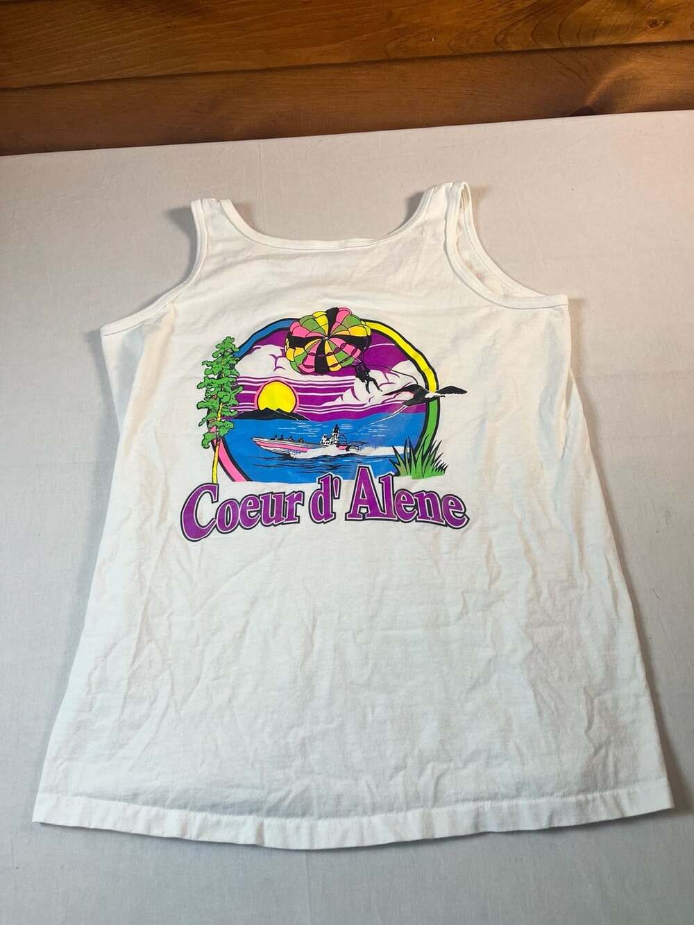 Anvil Coeur D'Alene Parasail Retro Tank Top Women’s L White Graphic Vintage 90s
